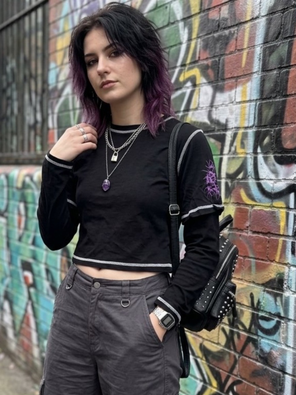 Killstar Black Cropped Long-Sleeve Tee with Purple Sleeve Graphic
